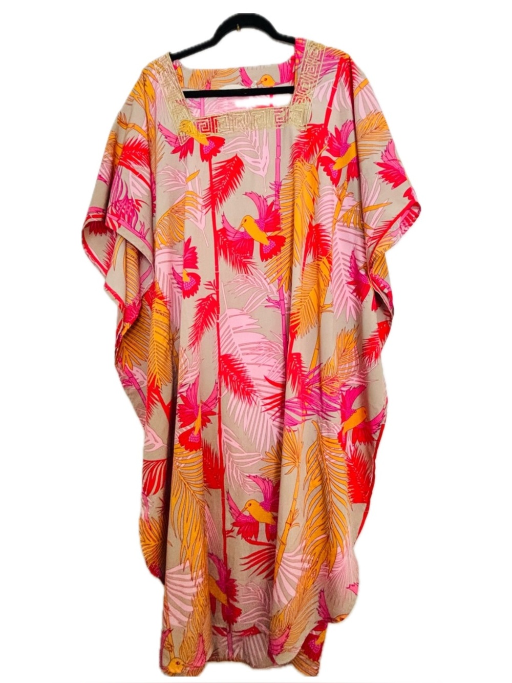 Soft Surroundings Tropical Bird Print Kaftan Tunic Mumu, Pink Orange Yellow S/M